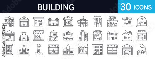 Collection of 30 thin line building and architecture icons. Includes factory, police station, army base, hotel, skyscraper, cottage, lighthouse, cathedral, and more. Perfect for web and app design.