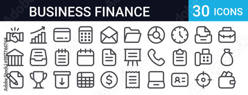 Collection of 30 thin line business and finance icons. Includes wallet, money bag, briefcase, calculator, chart, presentation, document, payment, office and communication symbols.