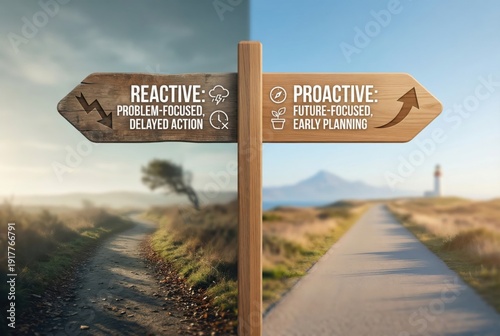 Visualizing decision making pathways with reactive and proactive choices depicting problem focus versus future focus in a serene landscape setting expressing strategic planning