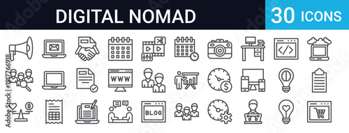 30 thin line icons for remote work, freelance business, and digital nomad lifestyle. Includes online business, time management, workspace, communication symbols. Perfect for web and app design.