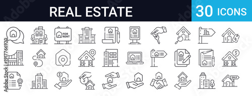 30 thin line real estate icons featuring houses, keys, property search, contracts, buy/sell symbols, and real estate agent tools. Perfect for websites and apps.