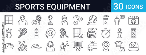 30 thin line sports icons including tennis racket, trophy, stadium, stopwatch, water bottle, whistle, and athletic equipment. Perfect for fitness and sports applications.