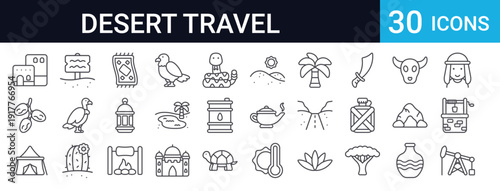 Desert Travel Icons Set of 30 Thin Line Vector Collection
