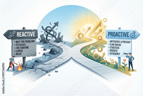 Distinct pathways illustrating reactive versus proactive approaches emphasizing decision making strategies for effective problem solving and organizational growth