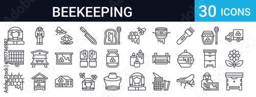 Complete beekeeping and apiary icon collection. Includes bee boxes, honey jars, beekeeper tools, smoker, protective gear, honeycomb, flowers. Perfect for agriculture websites.