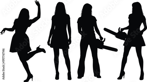 Women silhouettes set with playful poses and chainsaw prop vector illustration isolated on white background
