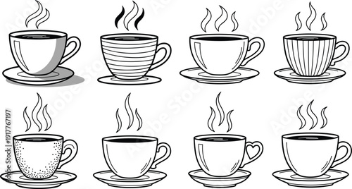 Hot Coffee Cup Line Art Icon Set with Different Mug Designs Representing Cafe Beverage, Morning Drink and Restaurant Menu Concept