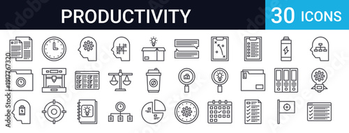 30 thin line productivity icons. Includes task management, lightbulb ideas, charts, files, folders, time, planning, strategy symbols. Perfect for business web apps.