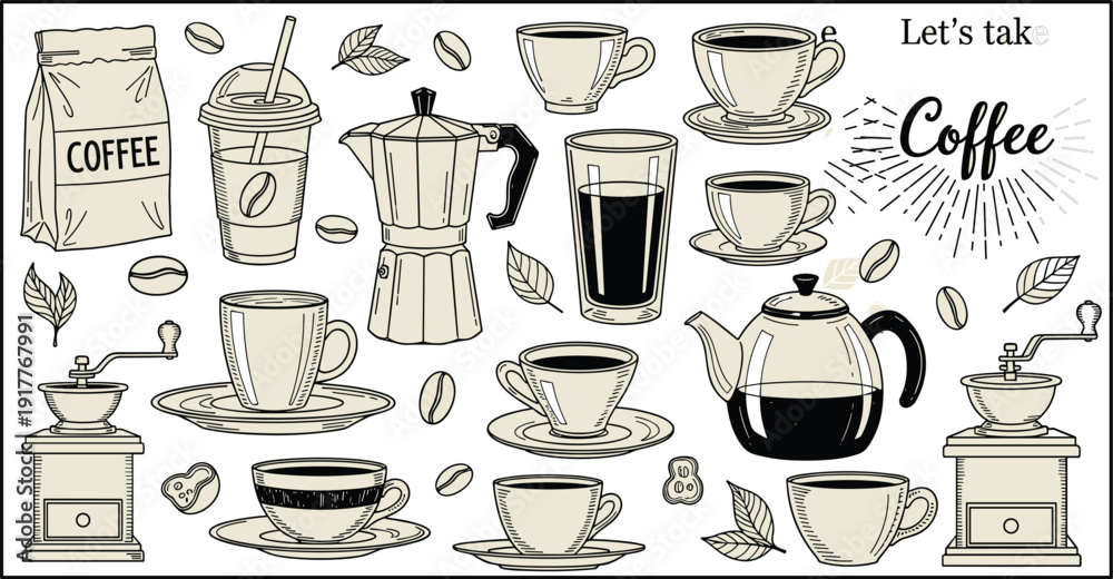 Fototapeta premium Lets Take Coffee Doodle Set with Cups, Moka Pot, Grinder, Beans and Beverage Elements Line Art Illustration for Cafe Menu Design