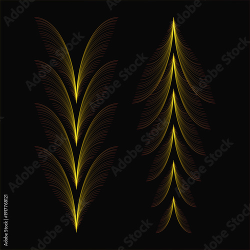 Abstract featuring two vertical arrangements of golden yellow curved lines on a dark black background