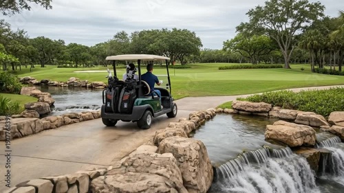 A golf cart navigates a bridge over a small waterfall on a tropical golf course