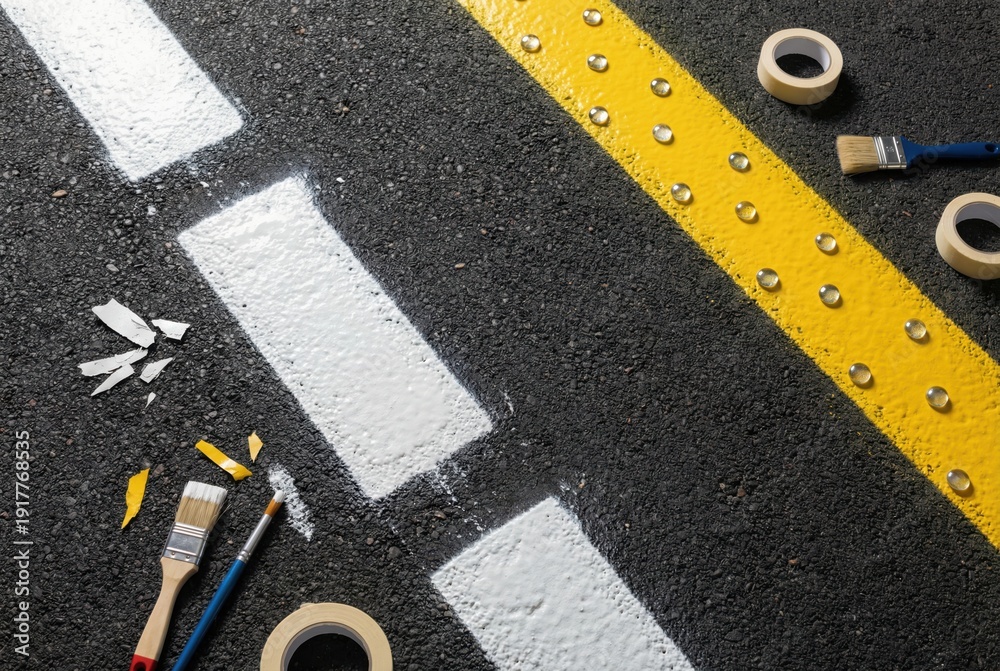 Fototapeta premium Roadway restoration tools emphasizing precision craftsmanship and urban renewal with vibrant yellow and white paint using brushes and tape on a creative asphalt canvas