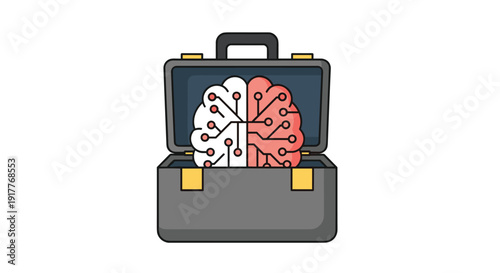 An open briefcase reveals a stylized human brain with integrated circuit patterns representing intelligent business solutions, Generative AI.