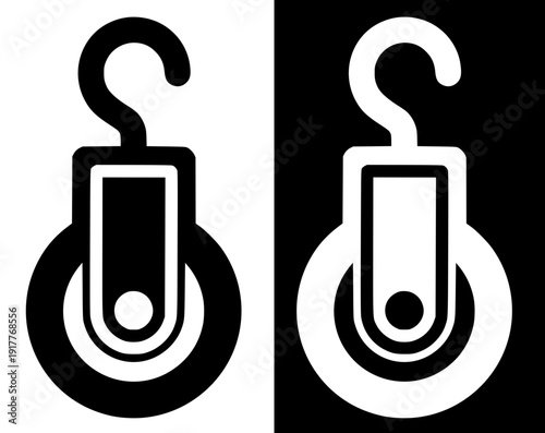 Industrial icon, vector illustration of a pulley, with silhouette design in original and negative versions.