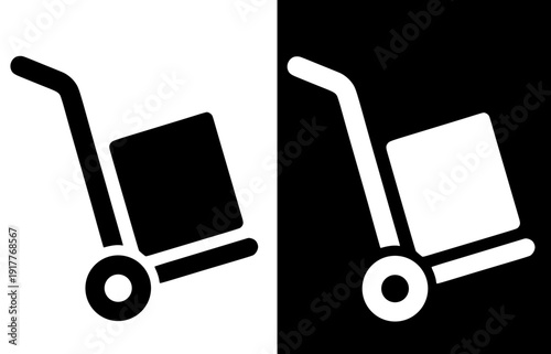Industrial icon, vector illustration of a hand truck, with silhouette design in original and negative versions.