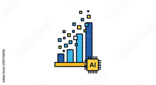 A bar graph with colorful data points and a yellow AI chip at its base is illustrated, Generative AI.