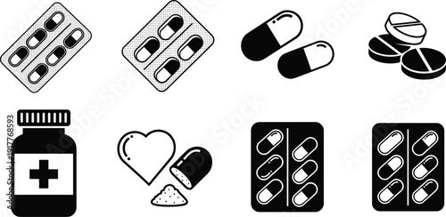 Medicine and Pharmaceutical Icon Set with Pills, Capsules, Tablets, Blister Pack and Medical Bottle for Healthcare Treatment Concept