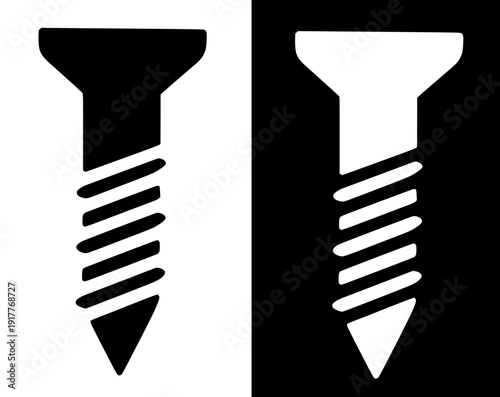 Industrial icon, vector illustration of a screw, with silhouette design in original and negative versions.