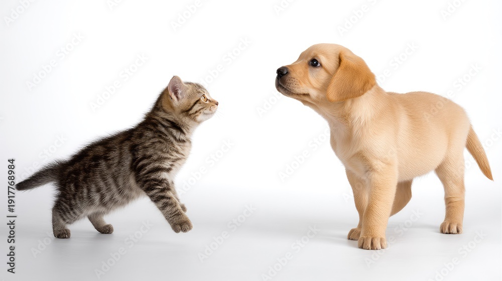 Obraz premium Cute kitten and puppy gaze at each other in a playful and friendly encounter with a white background showcasing their adorable expressions