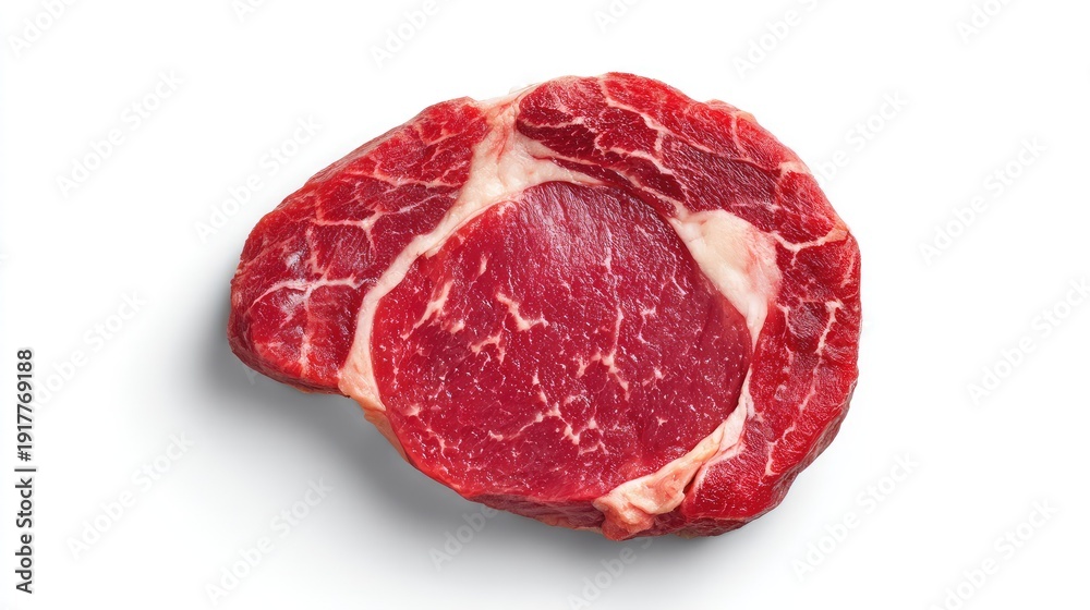 Fototapeta premium Fresh Raw Ribeye Steak Isolated on White Background Showcasing Intricate Marbling and Juicy Texture Perfect for Culinary Delights and Grilling Ideas
