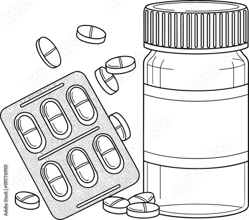 Medicine Bottle with Pills and Blister Pack Line Art Illustration Representing Pharmaceutical Drug, Healthcare Treatment and Medical Prescription Concept