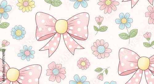 Whimsical pink bows and colorful flowers on white background cute gift wrapping pattern with pastel hues and playful design