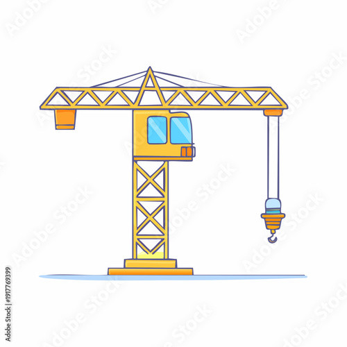 Illustrated yellow construction crane isolated on white background.