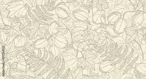 Abstract illustration of various leaves and foliage against a neutral background