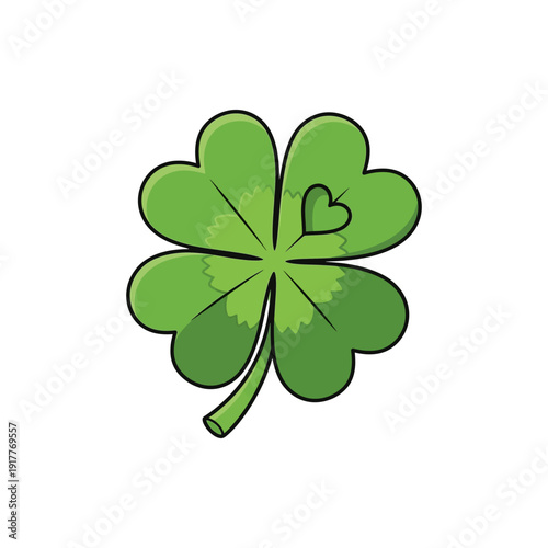 A cartoon illustration of a vibrant green four-leaf clover with a small heart detail on one of its leaves, symbolizing luck and love.