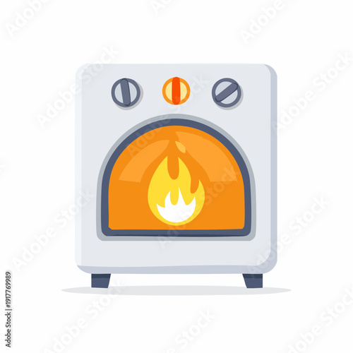 Cartoon illustration of a pizza oven with flames burning inside, vector graphic
