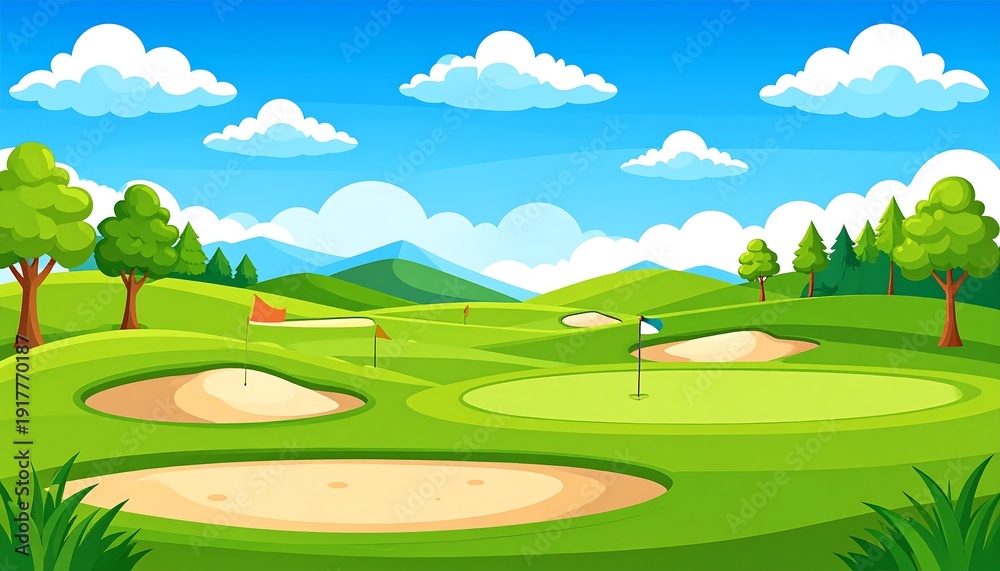 Obraz premium Cartoon golf course with rolling green hills, sand traps, trees, and a bright blue sky with fluffy clouds