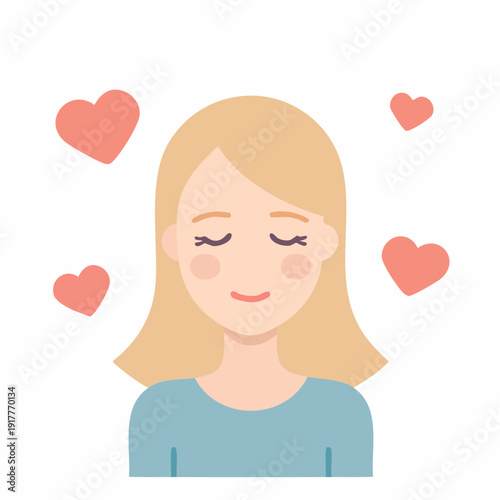 Cartoon woman surrounded by floating hearts, feeling happiness and love