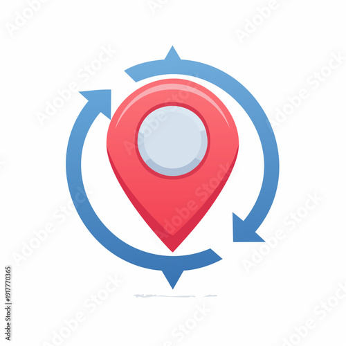 Red location marker icon surrounded by blue arrows, indicating navigation and direction