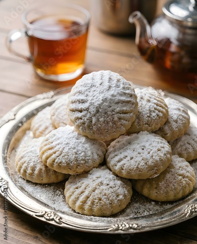 Mouth-watering macro shot of traditional Eid Kahk cookies dusted with powdered sugar on silver platter