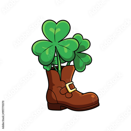 A cartoon illustration of a brown boot with a gold buckle, holding vibrant green shamrocks, symbolizing Irish culture.