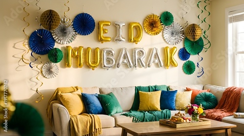 Festive living room wall decorated with gold and silver Eid Mubarak balloons and streamers