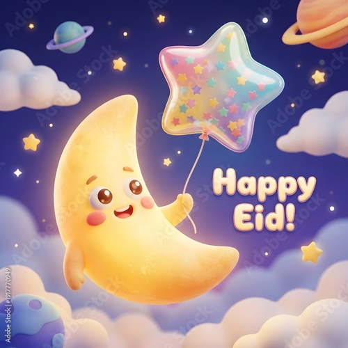 Cute 3D cartoon character of smiling crescent moon holding balloon for kids greeting
