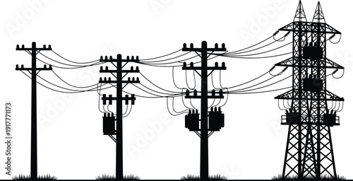 Black silhouettes of electrical utility poles and transmission tower with interconnected power lines, showing progression from local distribution to high