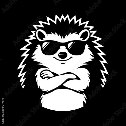 white hedgehog cartoon character with sunglasses, cute funny wildlife animal illustration isolated on dark background in modern minimal design.