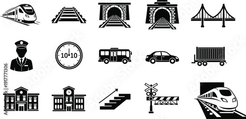 Black vector icon set of high speed trains railway tracks tunnels bridges stations bus car and cargo trailer for public transportation and logistics branding