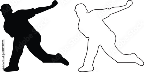 Cricket bowler action silhouette icon set, professional bowling player sport pose symbol for tournament and championship design in solid and outline style vector isolated on transparent background