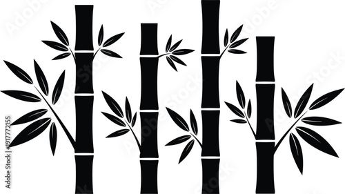 Black vector silhouette set of bamboo stalks and leaves for zen garden meditation spa oriental decoration asian nature branding and minimalist tropical wall art