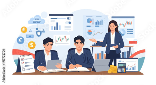Business professionals analyze financial charts and data in a collaborative meeting