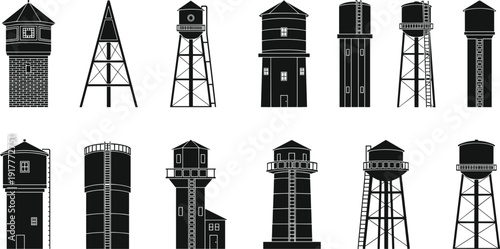 Black vector silhouette set of diverse industrial water towers and storage tanks for utility infrastructure urban planning civil engineering rural supply and construction branding