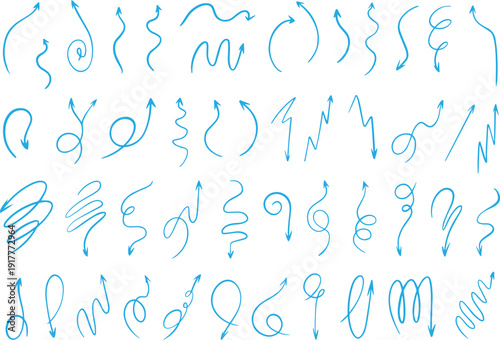 Set of hand drawn blue arrow doodles featuring various wavy curly and zigzag shapes vector illustration