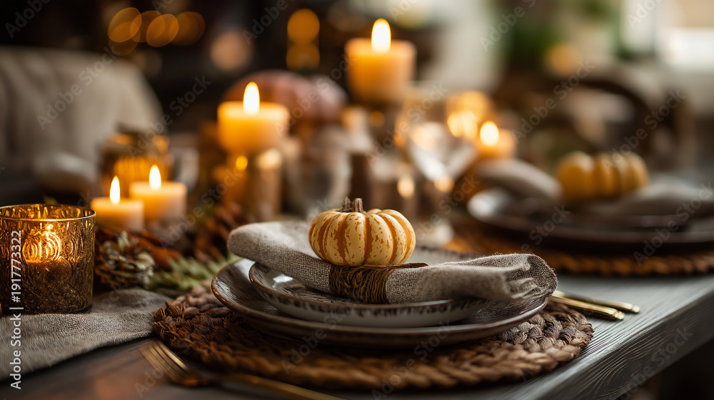 Fototapeta premium Festive autumn dining table arrangement perfect for Thanksgiving marketing and seasonal themes.