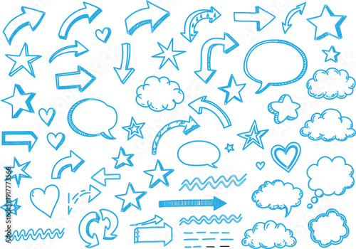 Diverse collection of blue hand-drawn doodle vector elements featuring arrows stars hearts and speech bubbles perfect for creative design projects web graphics and social media content vector 