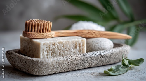 Natural Bath Arrangement with Bar Soap, Brush, and Stone Accessory