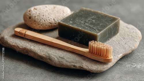 Natural Bath Set with Bamboo Toothbrush and Soap on Stone Surface