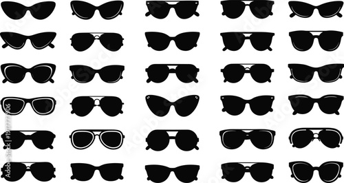 Large black vector silhouette set of diverse modern sunglasses and fashionable eyewear frames for summer vacation travel optics boutique and trendy sun protection branding